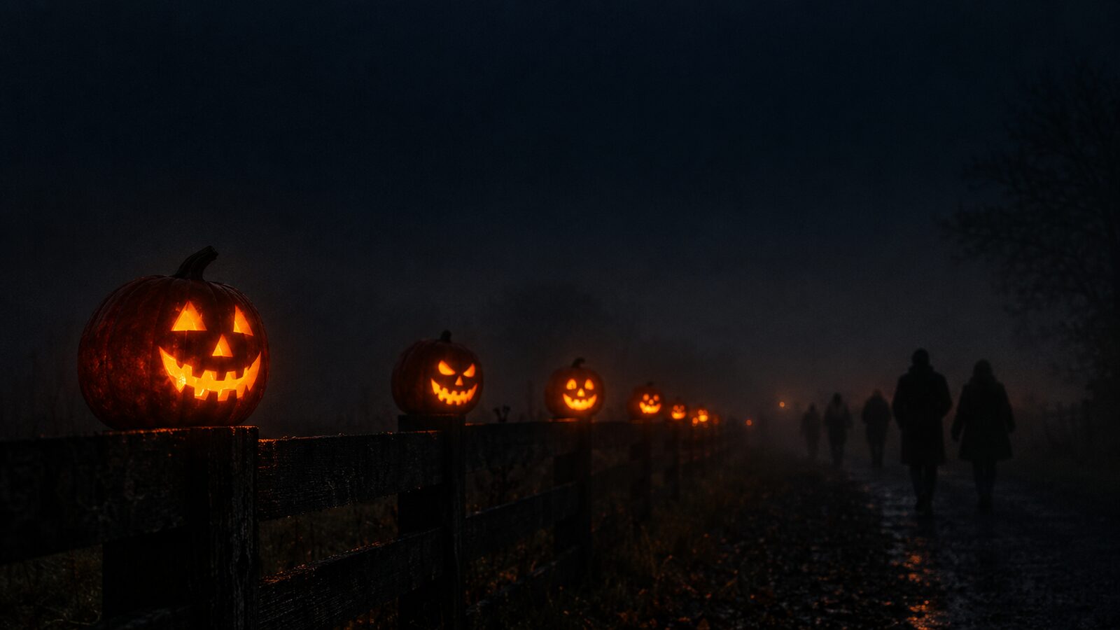 Row of glowing jack-o'-lanterns on a fence in night fog