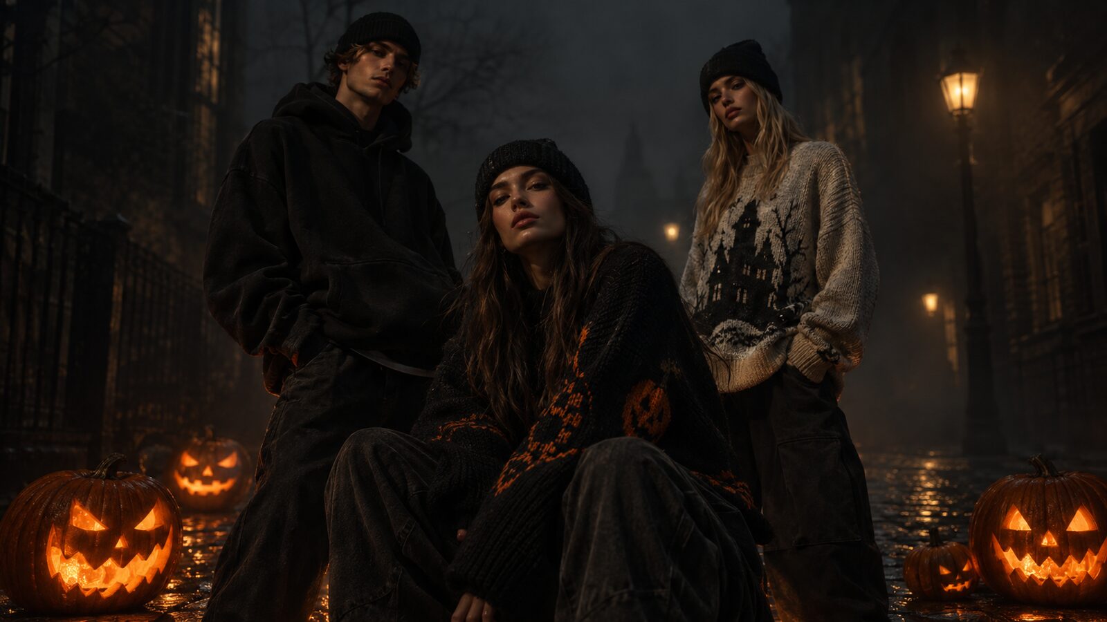 Three people in dark Halloween streetwear on a foggy night street lit by jack-o'-lanterns