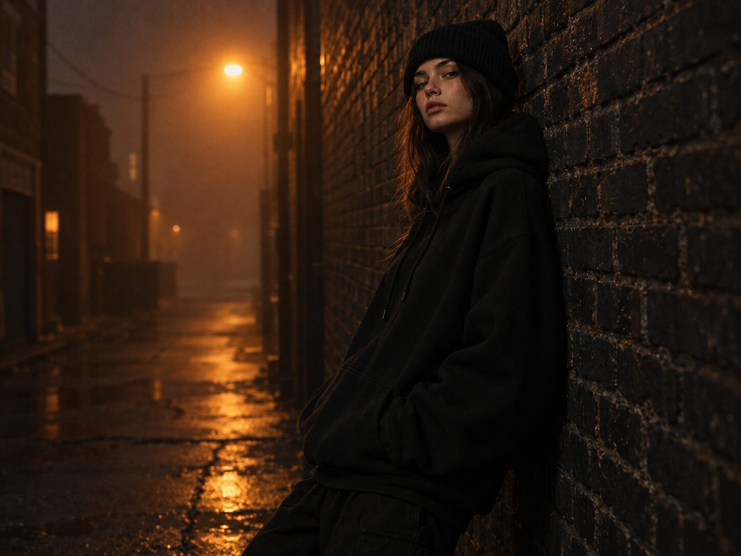Model in black hoodie and beanie in a foggy night alley