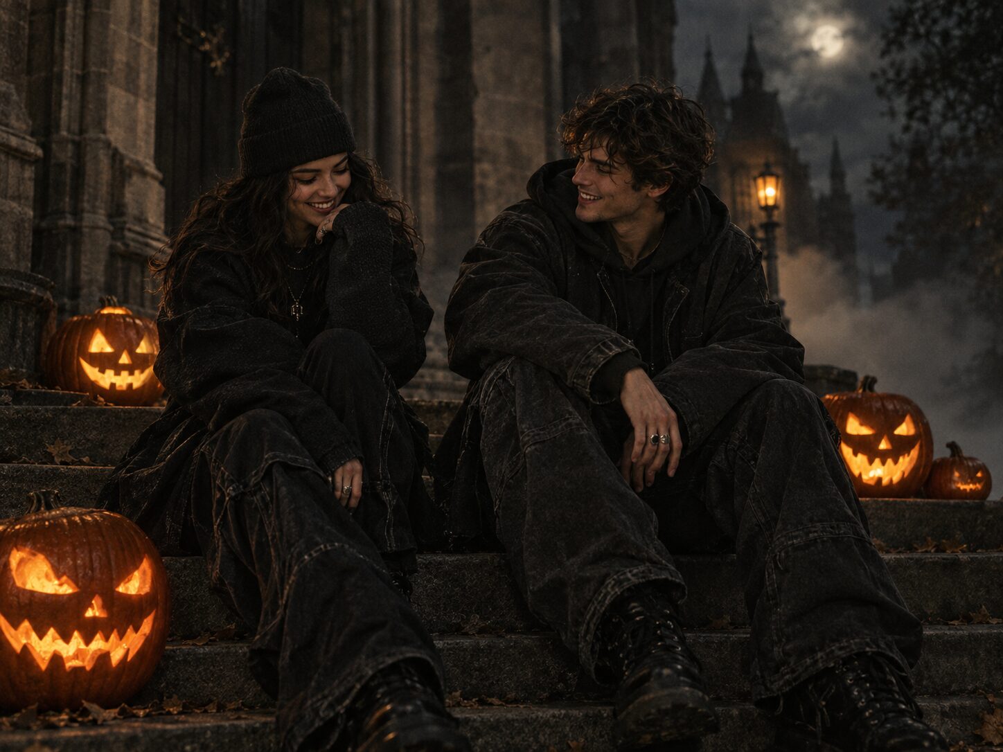 Two people in dark streetwear sitting on stone steps with glowing jack-o'-lanterns